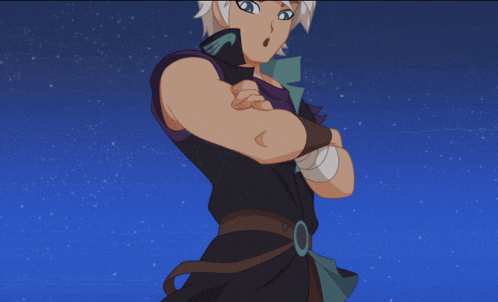 a cartoon character with white hair and a purple vest stands with his arms crossed