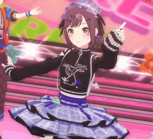 a girl in a black shirt and a blue skirt is dancing on a stage in a video game .