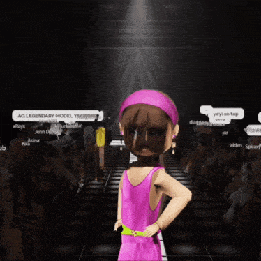 a girl in a pink dress is standing on a runway with a caption that says aq legendary model