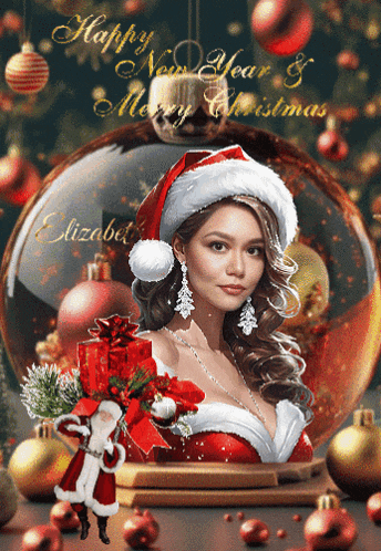 a picture of a woman in a santa hat with the words happy new year & merry christmas