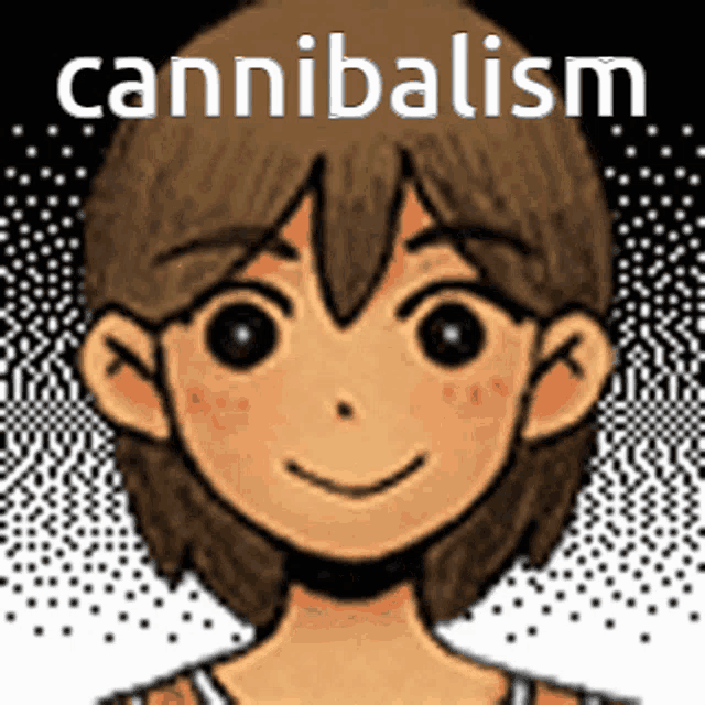a cartoon of a boy with the word cannibalism written above him
