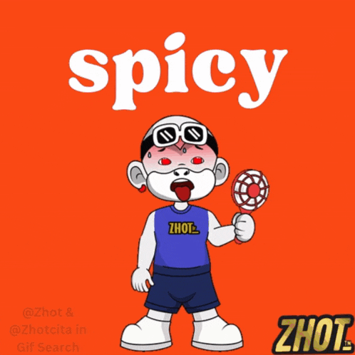 a cartoon character is holding a lollipop and the word spicy is behind him