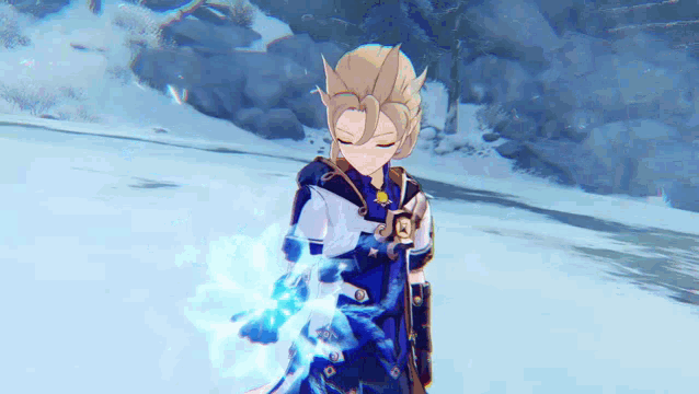 a character from a video game is standing in the snow with a blue light coming out of his hand .