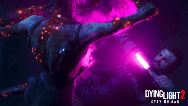 a poster for dying light 2 shows a man fighting a monster