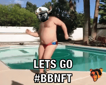 a man in a captain 's hat is jumping into a pool with the words let 's go #bbnft below him