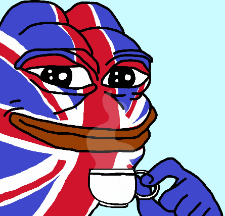a cartoon of a frog with the british flag on his face drinking from a cup