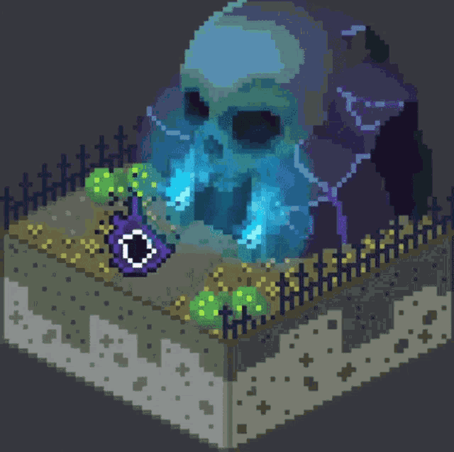 a pixel art of a graveyard with a skull and a cross