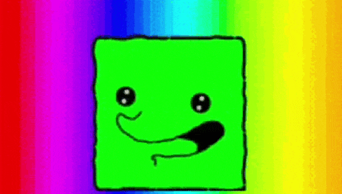 a green square with a smiling face is against a rainbow background .