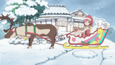 a reindeer pulls a sleigh with a girl in it