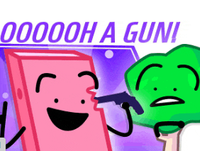 a cartoon character is pointing a gun at another character with the words ooooh a gun behind them