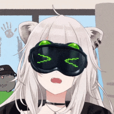 a white haired anime girl wearing a pair of goggles that says ' sss ' on them