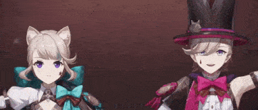 a couple of anime characters standing next to each other . one of the characters is wearing a top hat and a bow tie .