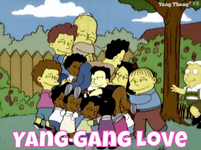 a group of cartoon characters are hugging each other and the words yang gang love are on the bottom
