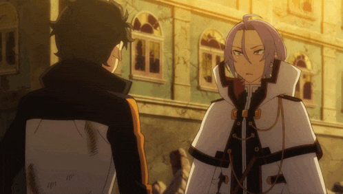 two anime characters are standing next to each other