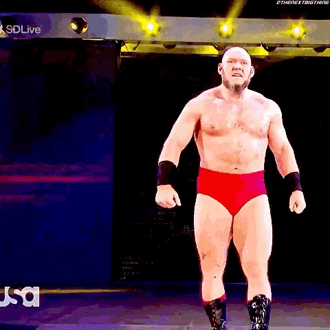 a shirtless wrestler in red trunks stands on a stage in front of a sign that says sdlive