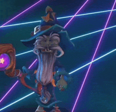 a cartoon character with a long beard is holding a cane in front of a neon background .