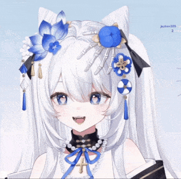 a drawing of a girl with white hair and blue flowers on her head