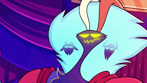 a close up of a cartoon character with horns