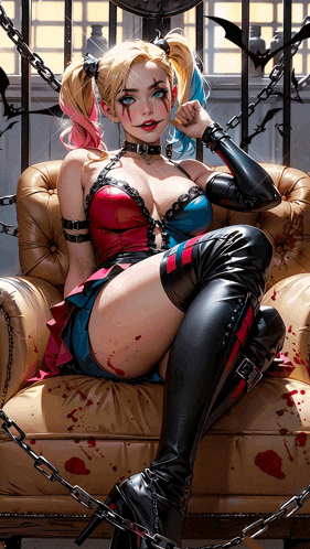 harley quinn is chained to a couch with chains around her