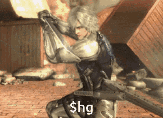 a video game character is kneeling down and holding a gun with the word shg above him