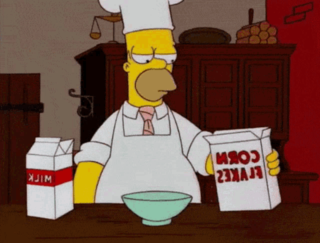 homer simpson in a chef 's hat holding a box of corn
