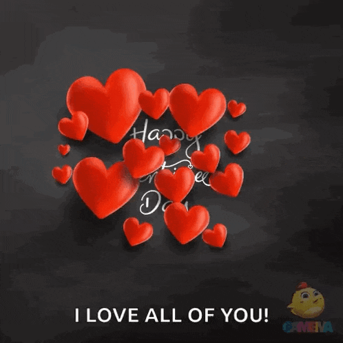 a happy valentine 's day card with red hearts on a black background