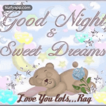 a teddy bear is laying on a pillow with a flower on its head and the words `` good night and sweet dreams `` .