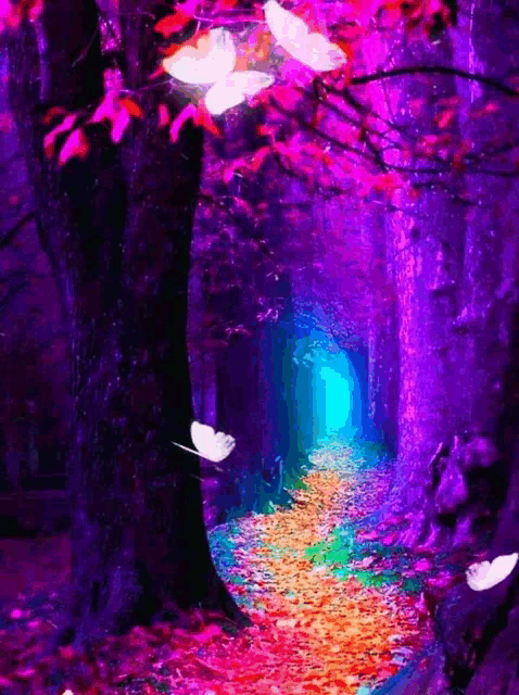 a painting of a purple forest with white butterflies
