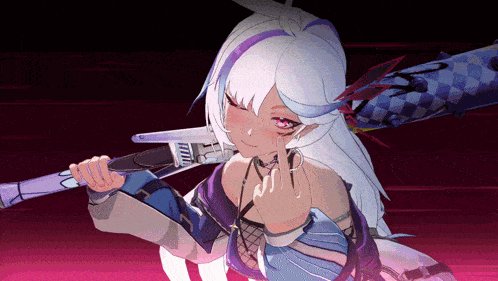 a girl with white hair is holding a sword in a video game