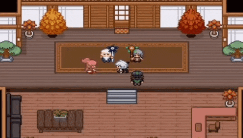 a group of people are standing around a rug in a room in a video game .