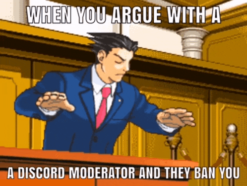 a cartoon of a man in a suit and tie with the caption when you argue with a discord moderator and they ban you