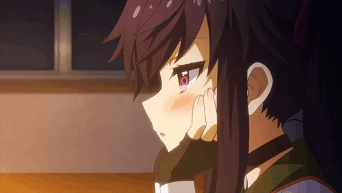 a close up of a anime girl with red eyes