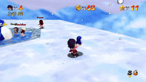 a video game shows a penguin swimming in the water and a penguin holding a penguin