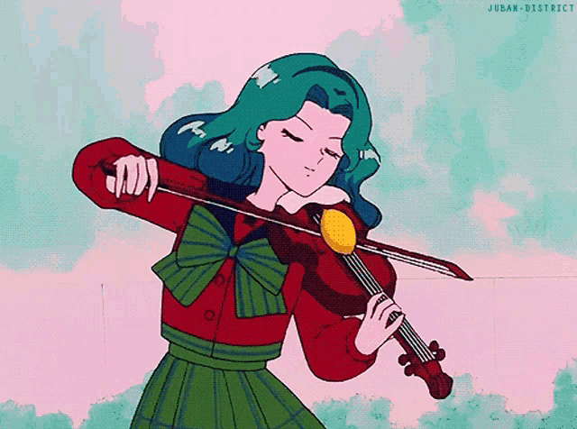 a girl with blue hair is playing a violin in a cartoon
