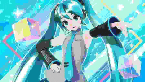 hatsune miku is a female anime character in a video game and is wearing headphones .