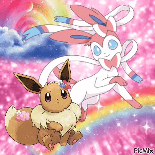 a picture of eevee and sylveon on a pink background