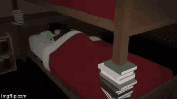 a girl is laying on a bed with her arms outstretched and wearing an orange shirt with a red flame on it