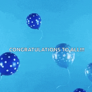 a blue balloon with the words `` congratulations to all ! '' is surrounded by other blue balloons .