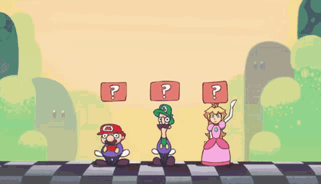 a cartoon of mario luigi and princess peach standing in front of a wall that says ohg