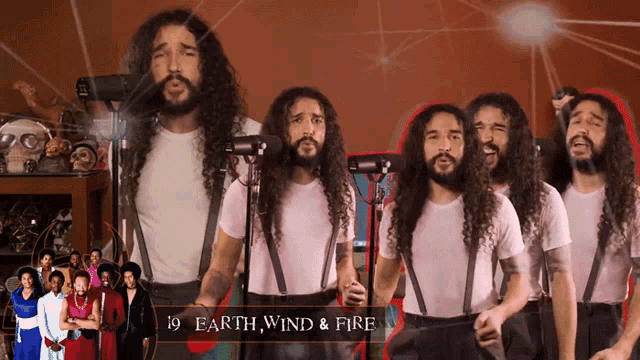a group of men with long hair are singing earth wind and fire