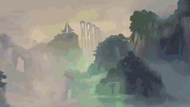 a pixel art painting of a foggy landscape with trees and a bridge in the background .