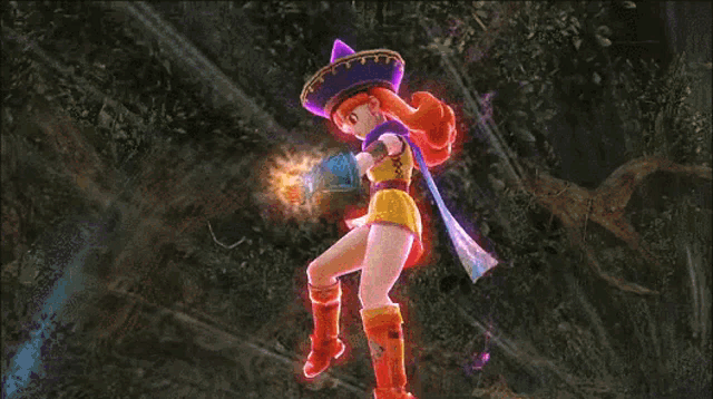 a girl in a purple hat is holding a light in her hand