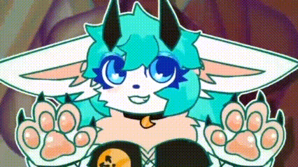 a cartoon drawing of a furry fox with horns and paws .