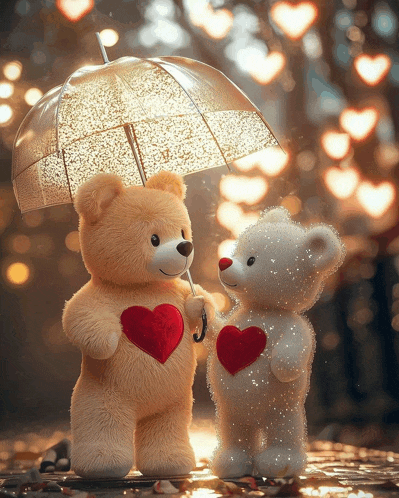 two teddy bears under an umbrella with hearts on their faces