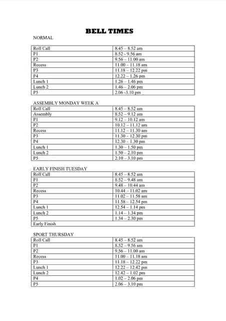 a list of bell times for normal and bell times