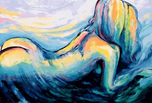 a colorful painting of a woman laying on the ground