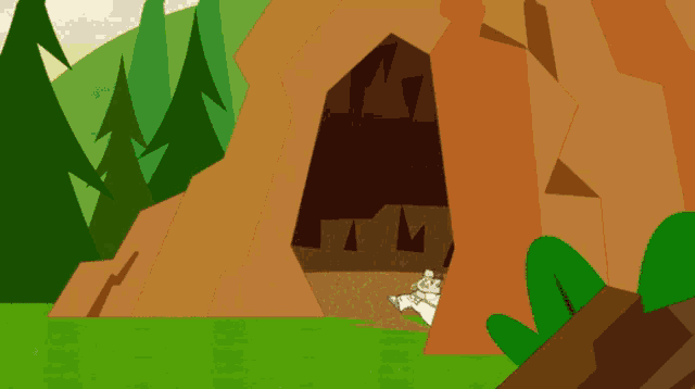 a cartoon drawing of a cave with a green plant in the foreground