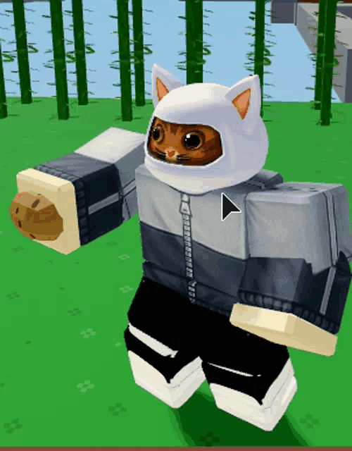 a cartoon cat wearing a white hooded jacket and pants