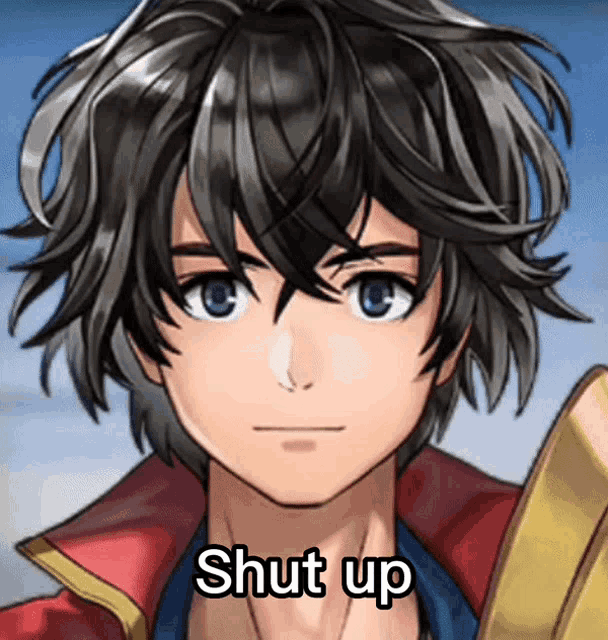 a close up of a person 's face with the words shut up written on the bottom