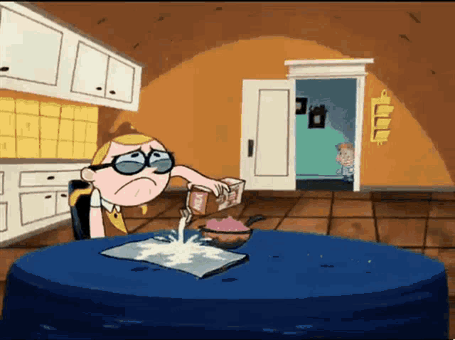 a cartoon character pours milk into a bowl of cereal